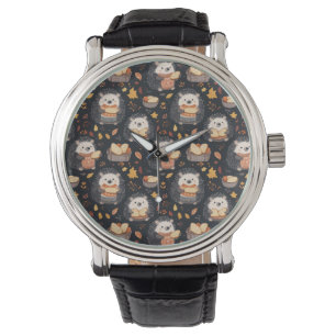 Schattigee egels met brood en herfstbladeren horloge