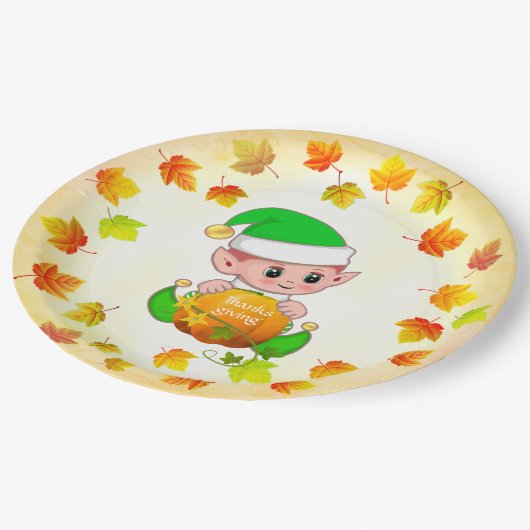 Schattigee Elf en Herfst bladeren Thanksgiving Pap Papieren Bordje (Gekanteld)