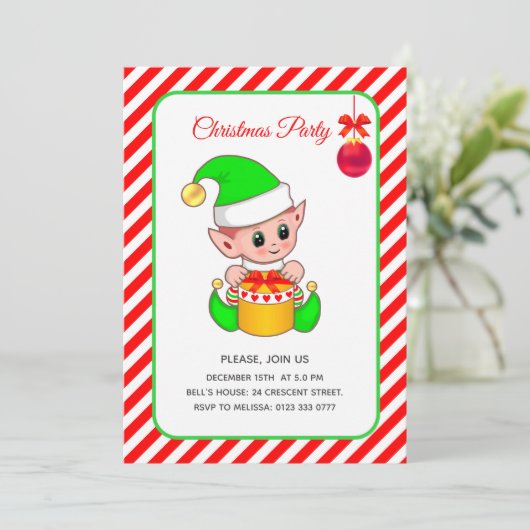 Schattigee Elf op Rood & Wit Kerst Kaart (Staand voorkant)