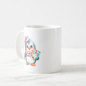 Schattigee en gelukkige pinguïn met snack koffiemok (Voorkant links)