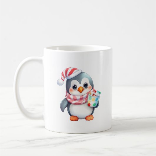 Schattigee en gelukkige pinguïn met snack koffiemok (Links)