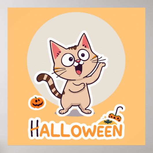 Schattigee en grappige Halloween kat met pompoenen Poster (Voorkant)