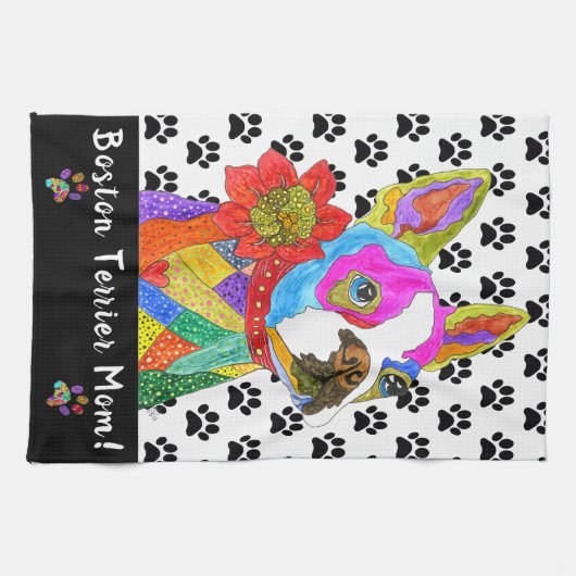Schattigee en kleurrijke Boston Terrier Mom keuken Theedoek (Horizontaal)