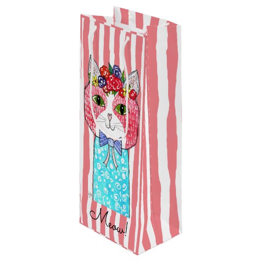 Schattigee en kleurrijke Cat Wine Canvas tas Wijn Cadeautas (Voorkant Gekanteld)