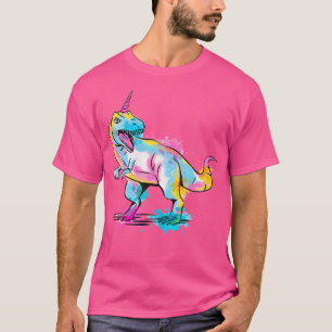 Schattigee en kleurrijke eenhoorn Waterverf dinosa T-shirt