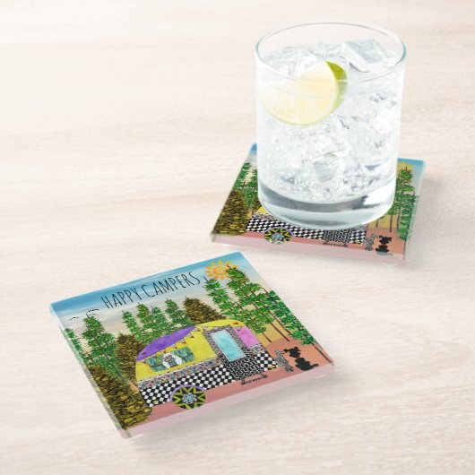 Schattigee en kleurrijke Happy Camper Trivet Glazen Onderzetter (Schuin)