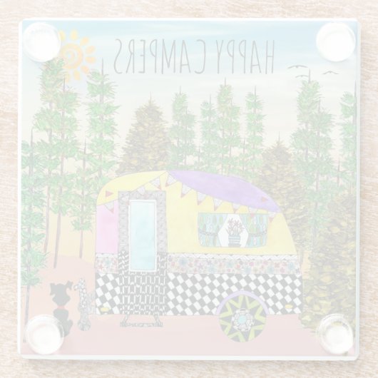 Schattigee en kleurrijke Happy Camper Trivet Glazen Onderzetter (Achterkant)