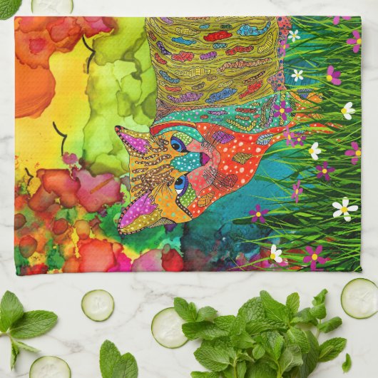 Schattigee en kleurrijke kat en vogel keukenhanddo theedoek (Gevouwen)