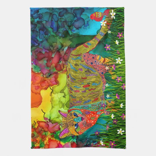 Schattigee en kleurrijke kat en vogel keukenhanddo theedoek (Verticaal)