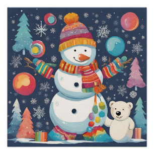 Schattigee en kleurrijke kerst sneeuwman perfect poster