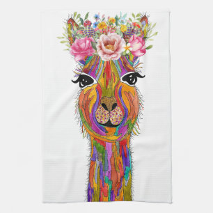 Schattigee en kleurrijke Llama Bloemen Keukenhandd Theedoek