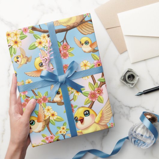 Schattigee en vrolijke vogels tussen de voorjaarsb cadeaupapier (Geschenken)