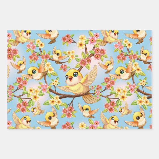 Schattigee en vrolijke vogels tussen de voorjaarsb inpakpapier vel (Voorkant 3)