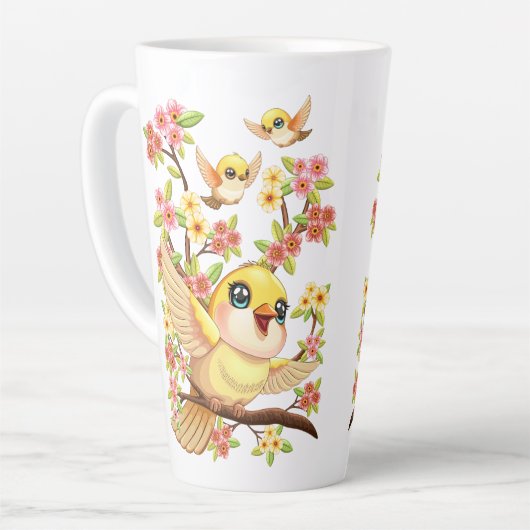 Schattigee en vrolijke vogels tussen de voorjaarsb latte mok (Linkerhoek)