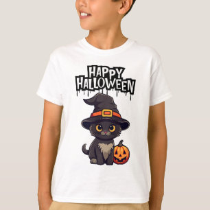 Schattigee enge zwarte kat met pompoenjack op lant t-shirt