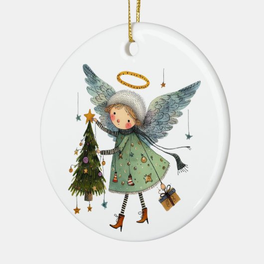 Schattigee engel met een kerstboom keramisch ornament (Links)