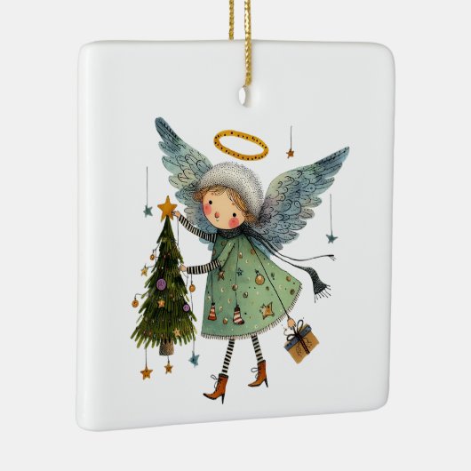 Schattigee engel met een kerstboom keramisch ornament (Rechts)