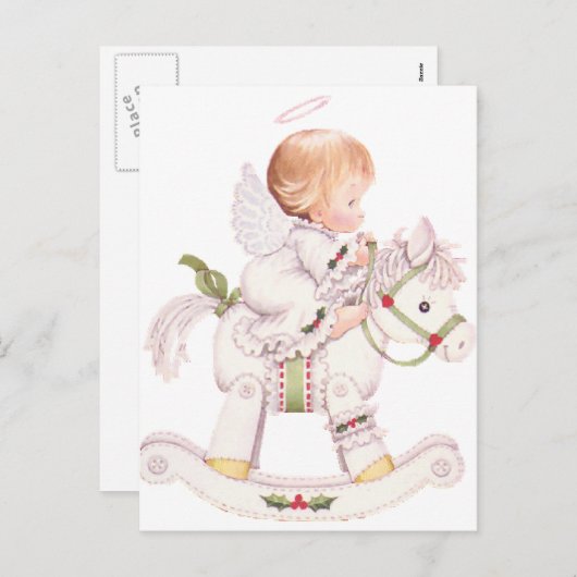 Schattigee engel op een wit kerst schommelpaard feestdagenkaart (Voorkant / Achterkant)