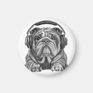 Schattigee Engelse Bulldog met hoofdtelefoon Magneet