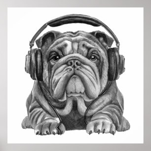 Schattigee Engelse Bulldog met hoofdtelefoon Poster