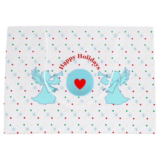 Schattigee engeltjes met stippen en sneeuwvlokken groot cadeauzakje (Voorkant)