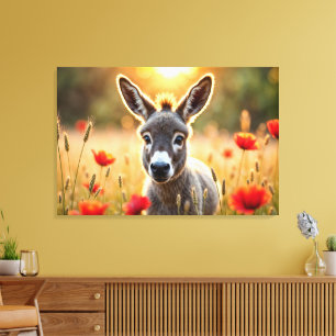 Schattigee ezel rode klaprozen schattige dierenkun canvas afdruk
