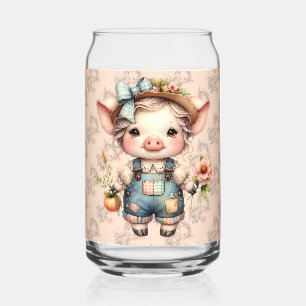 Schattigee Farmcore Pig in Overalls met Bloemen Blikvorm Glas