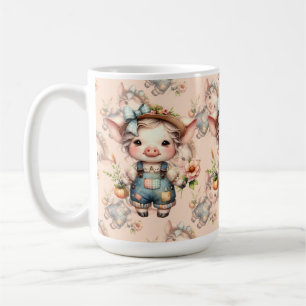 Schattigee Farmcore Pig in Overalls met Bloemen Koffiemok