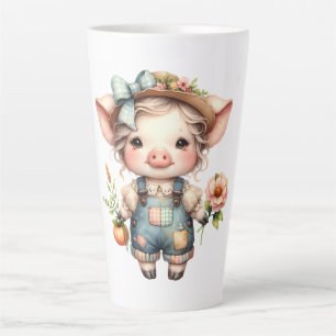 Schattigee Farmcore Pig in Overalls met Bloemen Latte Mok
