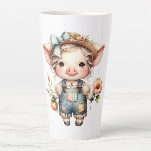 Schattigee Farmcore Pig in Overalls met Bloemen Latte Mok (Voorkant)
