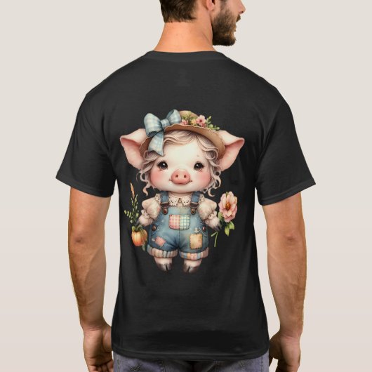 Schattigee Farmcore Pig in Overalls met Bloemen T-shirt (Achterkant)