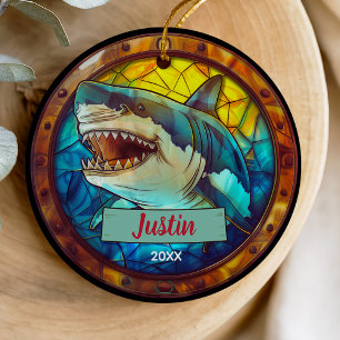 Schattigee faux gebrandschilderde glashaai kerst k keramisch ornament