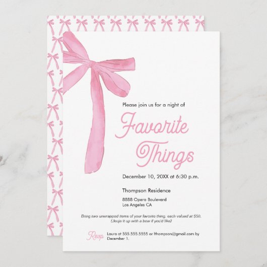 Schattigee Favoriete dingen Party Pink Bow Kaart (Voorkant / Achterkant)