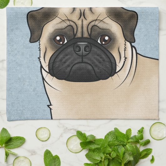 Schattigee Fawn Cartoon Pug Head Close-up en Naam Theedoek (Gevouwen)