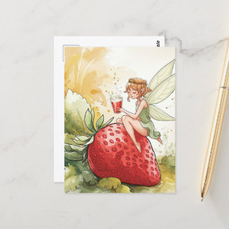 Schattigee fee met een glas aardbeien punch fantas briefkaart