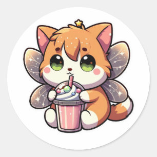 Schattigee feeënkat die milkshake drink ronde sticker