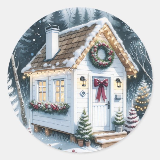 Schattigee Feestelijke Witte Tiny Home Christmas Ronde Sticker (Voorkant)