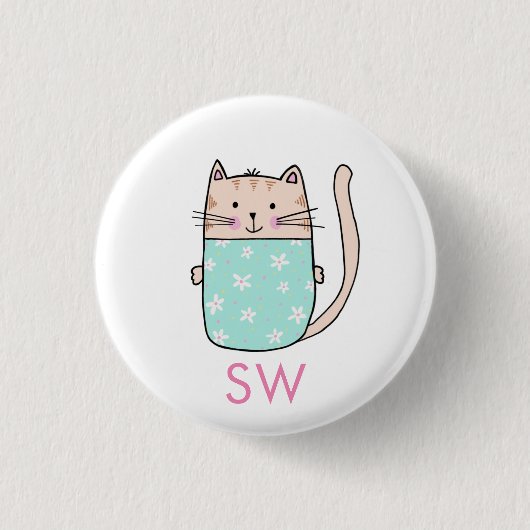 Schattigee Floral Cat Initialen Monogram Ronde Button 3,2 Cm (Voorkant)
