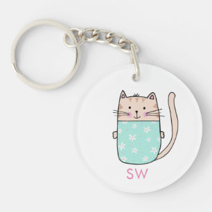 Schattigee Floral Cat Initialen Monogram Sleutelhanger