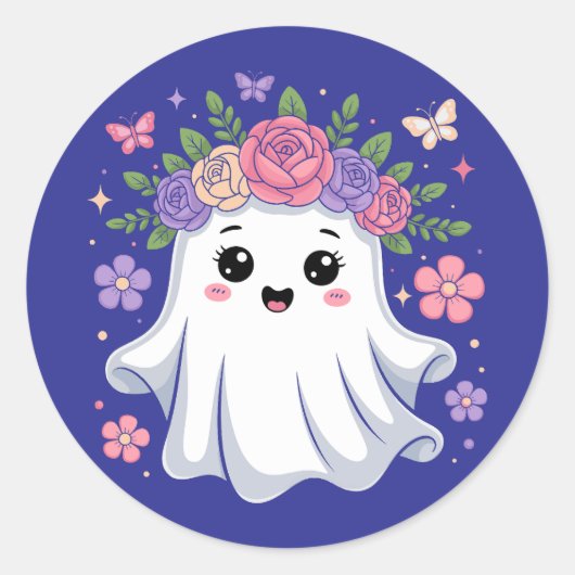 Schattigee Floral Ghost Kawaii Halloween Ghost Ronde Sticker (Voorkant)