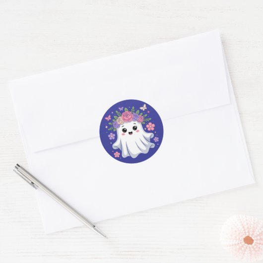 Schattigee Floral Ghost Kawaii Halloween Ghost Ronde Sticker (Envelop)