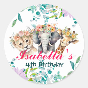 Schattigee Floral Zoo oerwoud Animals Verjaardag W Ronde Sticker