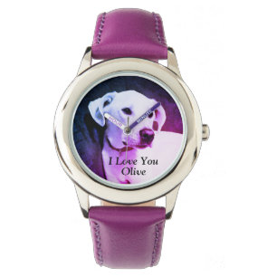 Schattigee Foto van Witte Puppy Dog Paarse I Love  Horloge