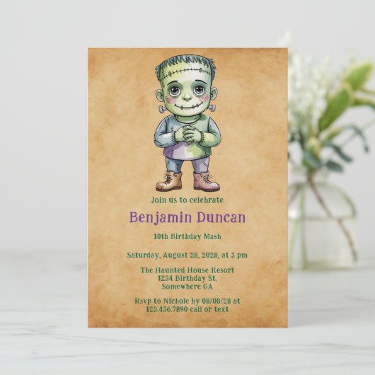 Schattigee Frankenstein Halloween Boy Verjaardag M Kaart (Staand voorkant)