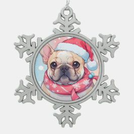 Schattigee Franse Bulldog met pet en sjaal Tin Sneeuwvlok Ornament