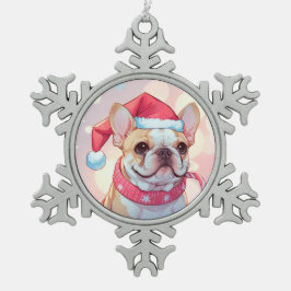Schattigee Franse Bulldog met pet en sjaal Tin Sneeuwvlok Ornament
