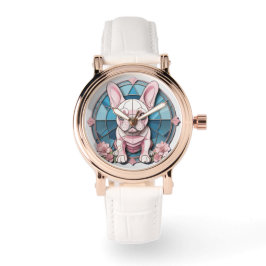 Schattigee Franse Bulldog Pastel Glas in lood Horloge
