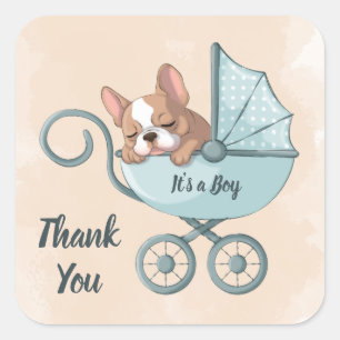 Schattigee Franse Bulldog Pup Blue Stroller Baby s Vierkante Sticker