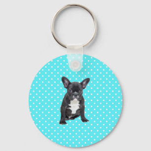 Schattigee Franse Bulldog Puppy Blauwe Polka Dots Sleutelhanger