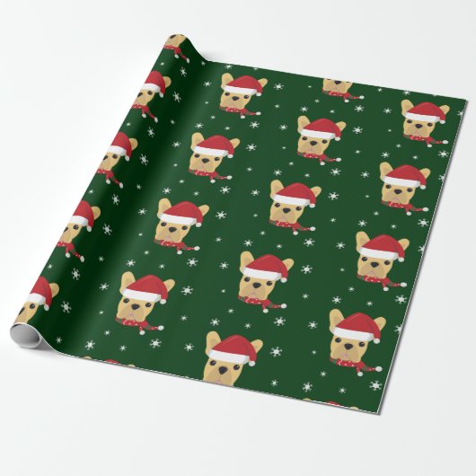 Schattigee Franse Bulldog Santa Hat Wrapping Paper Cadeaupapier (Uitgerold)